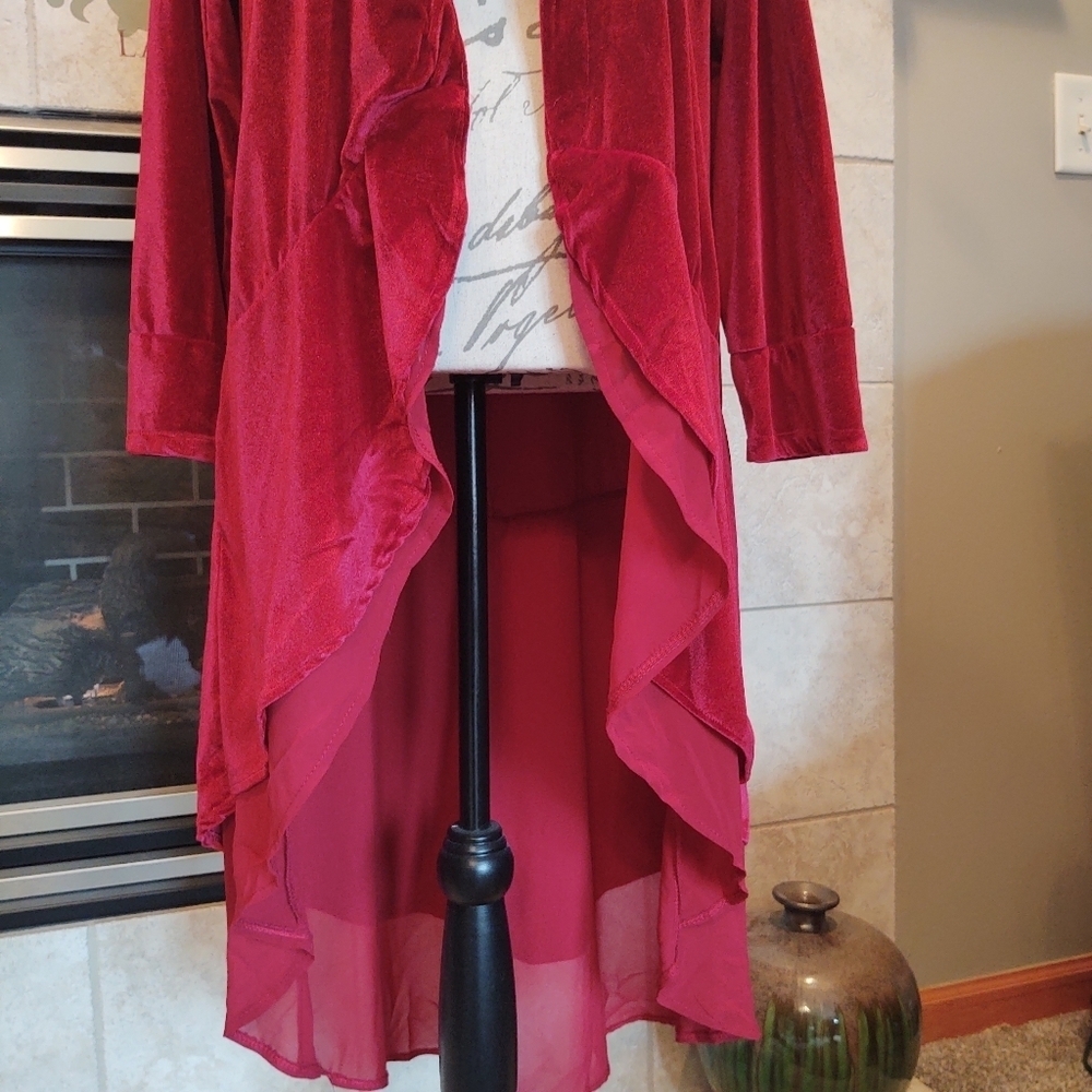 Women's Open Front Velvet Duster Cardigan - Deep Magenta - Picture 6 of 12